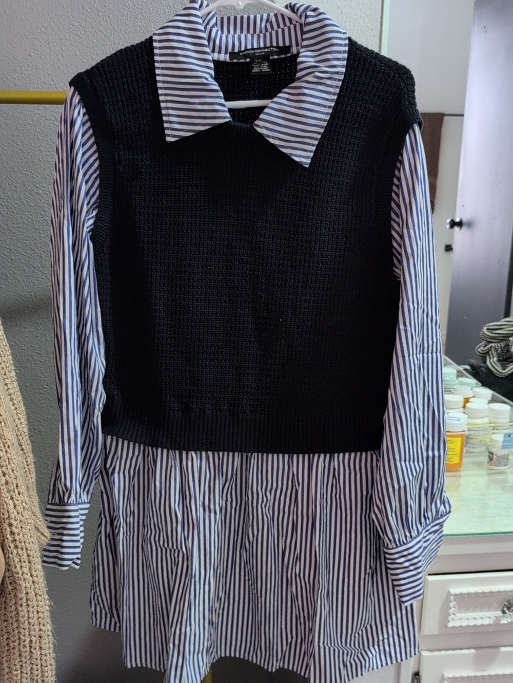French Connection Black Knit Vest Over Blue and White Stripe Tunic